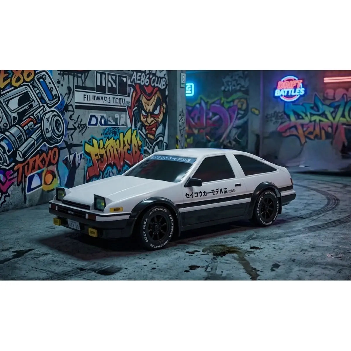 Absima AE86 Truend Drift Car 4WD 10045 im Maßstab 1:43 Drift RTR – Seitenansicht mit weißer Karosserie und schwarzem Spoiler