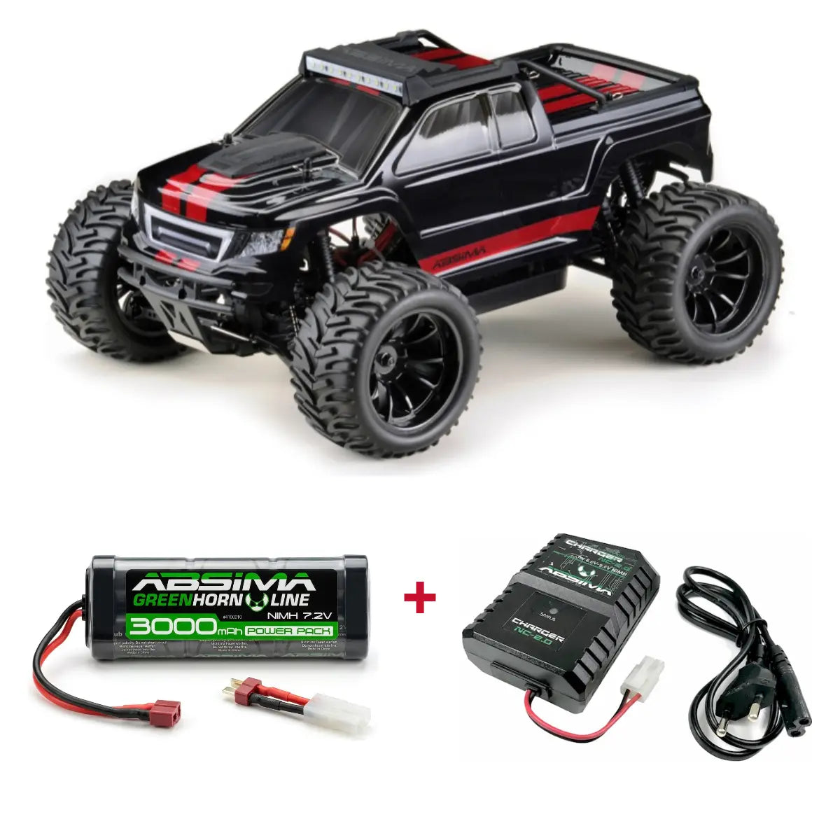 Absima AMT3.4-V2 Monster Truck 4WD Set 12224V2-SET mit 3000mAh NiMH-Akku und Ladegerät NC-2.0 – Lieferumfang und Zubehör