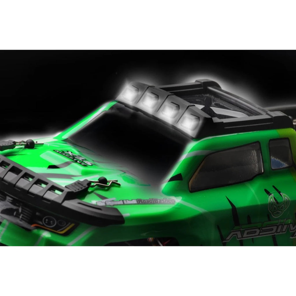 Absima Monster Truck Mini AMT 4WD Gelb/Grün 16008 im Maßstab 1:16 Monster Truck RTR – Detailansicht mit LED-Dachleuchten