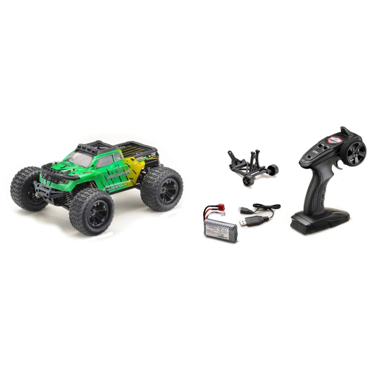 Absima Monster Truck Mini AMT 4WD Gelb/Grün 16008 im Maßstab 1:16 Monster Truck RTR – Lieferumfang und Zubehör