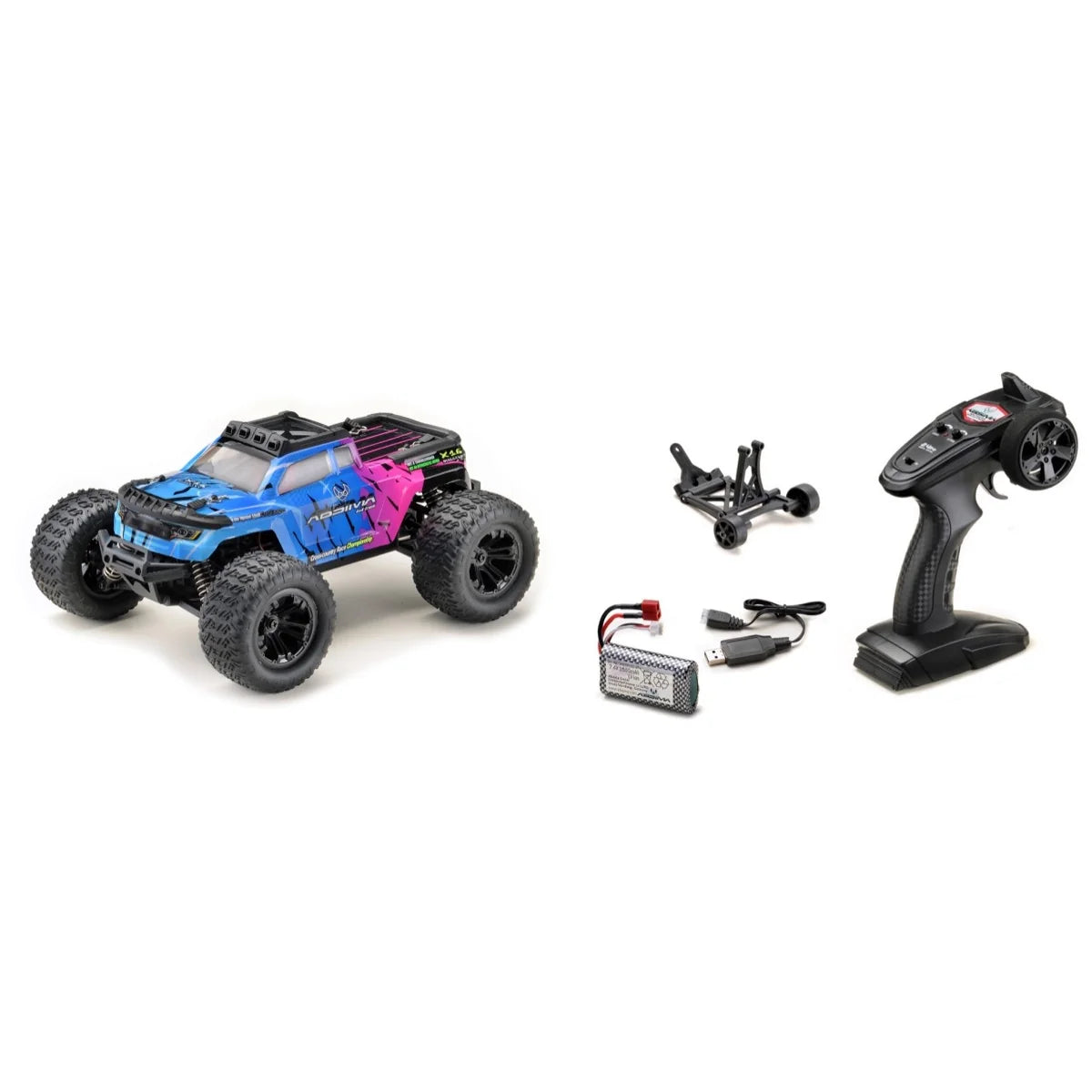 Absima Monster Truck Mini AMT 4WD Pink/Blau 16007 im Maßstab 1:16 Monster Truck RTR – Lieferumfang und Zubehör