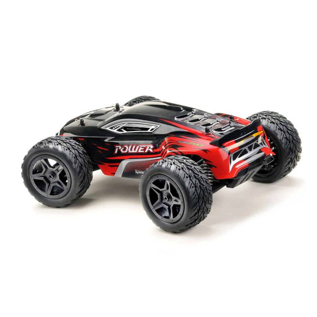 Absima Power Truggy 4WD Schwarz/Rot 14001 im Maßstab 1:14 Truggy RTR – Rückansicht mit schwarzen Reifen und roter Karosserie