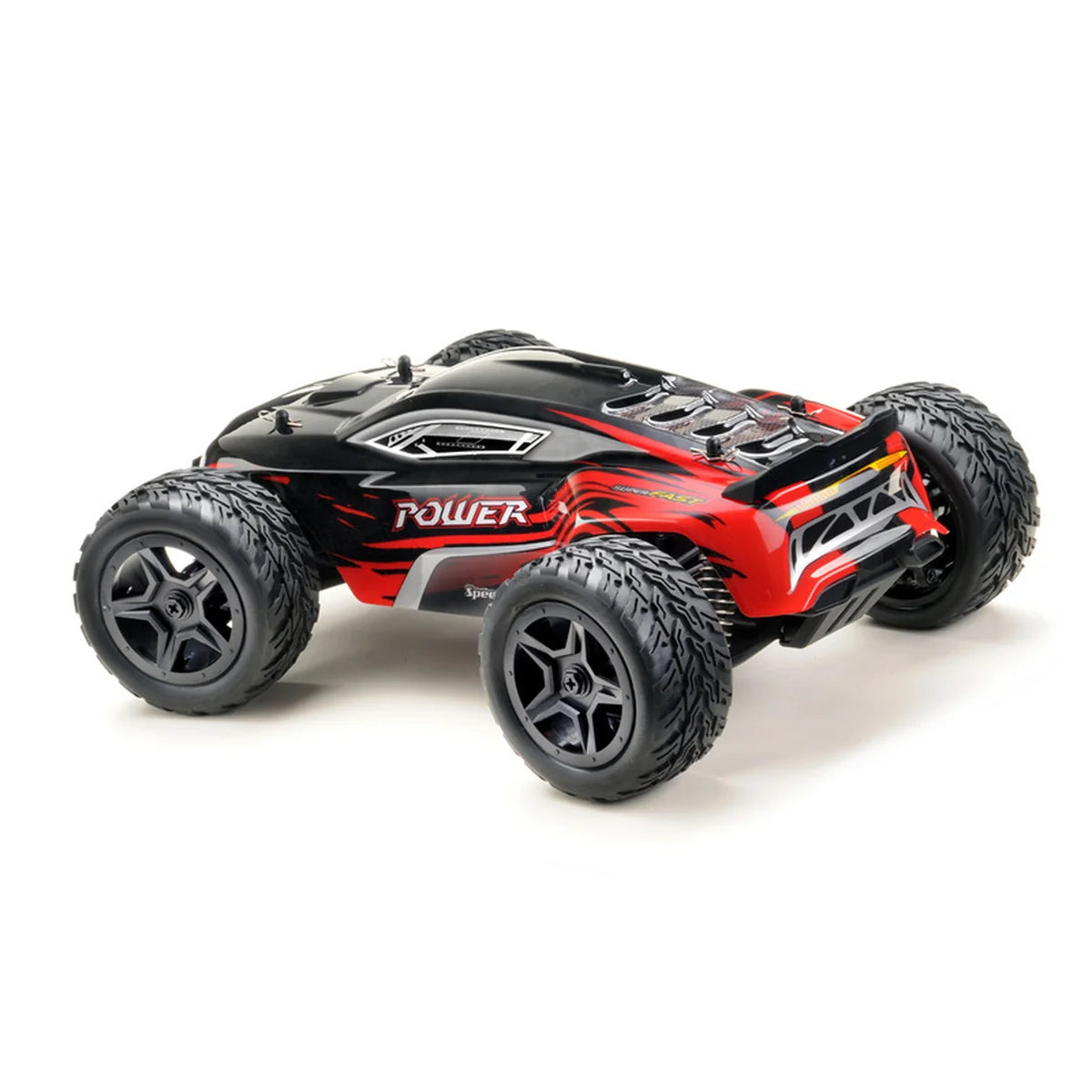 Absima Power Truggy 4WD Schwarz/Rot 14001 im Maßstab 1:14 Truggy RTR – Rückansicht mit schwarzen Reifen und roter Karosserie