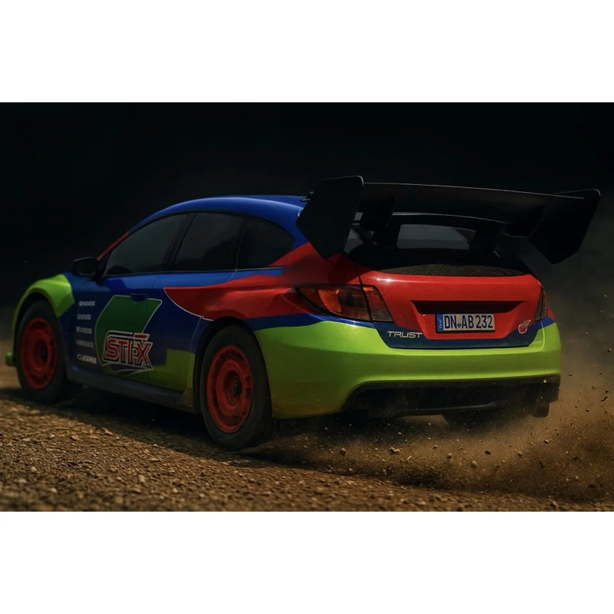 Absima STi-X Rally brushless 4WD 12234 im Maßstab 1:10 Rally RTR – Rückansicht mit Heckspoiler, rote und grüne Karosserie