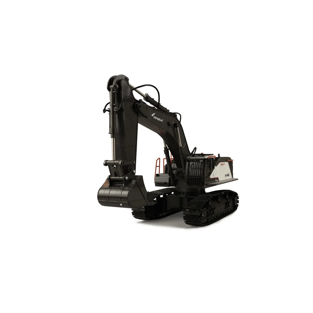 Amewi ACV730 V2 Raupenbagger weiß 22499 im Maßstab 1:14 Baumaschine RTR – Seitenansicht mit Schaufel, Raupenfahrwerk, Kabine