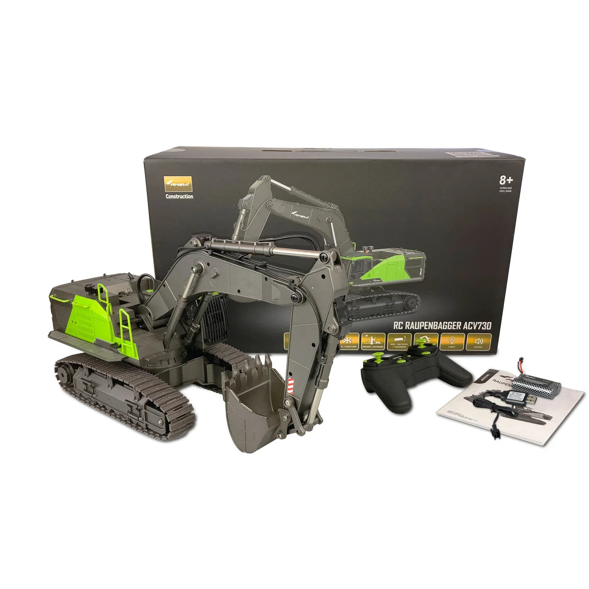 Amewi ACV730 V3 Raupenbagger grau-grün 22516 im Maßstab 1:14 Baumaschine RTR – Lieferumfang und Zubehör