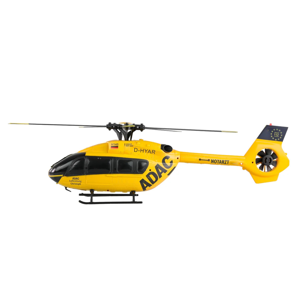 Amewi ADAC H145 Helikopter Brushless 6-Kanal 6G 25333 Helikopter RTF – Seitenansicht mit Rotorblättern und Heckleitwerk