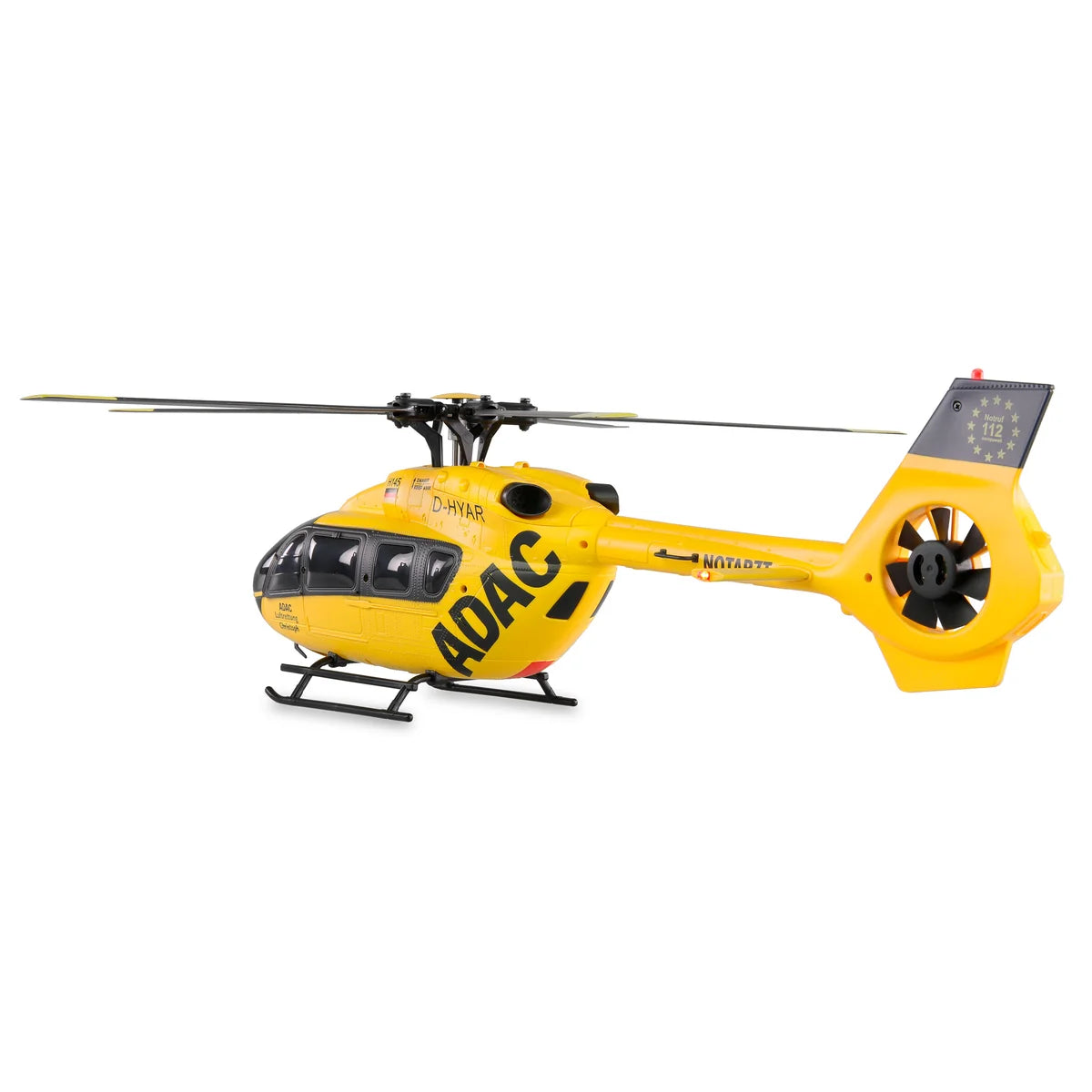 Amewi ADAC H145 Helikopter Brushless 6-Kanal 6G 25333 Helikopter RTF – Seitenansicht mit Rotorblatt, Leitwerk und Kufen