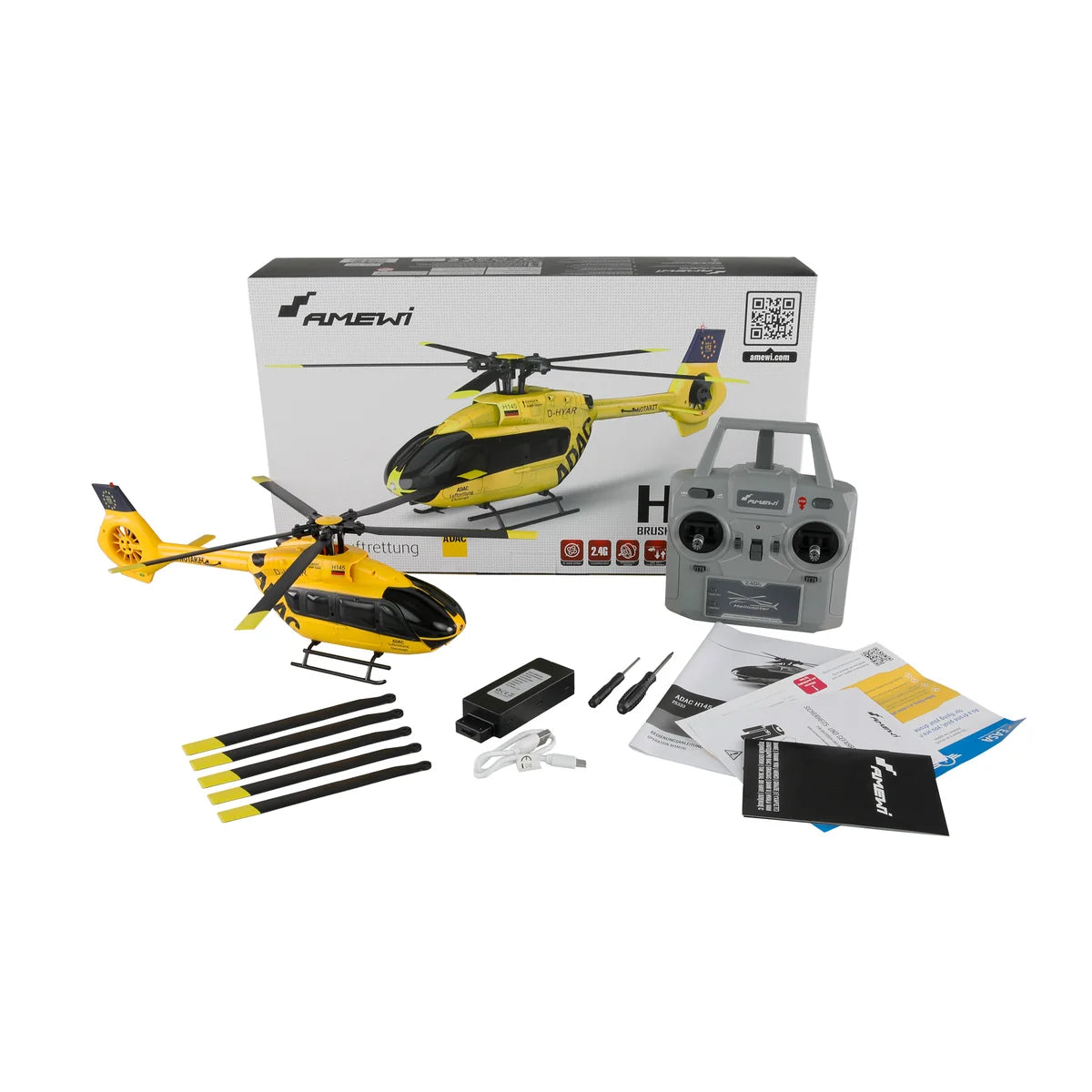 Amewi ADAC H145 Helikopter Brushless 6-Kanal 6G 25333 Helikopter RTF – Lieferumfang und Zubehör