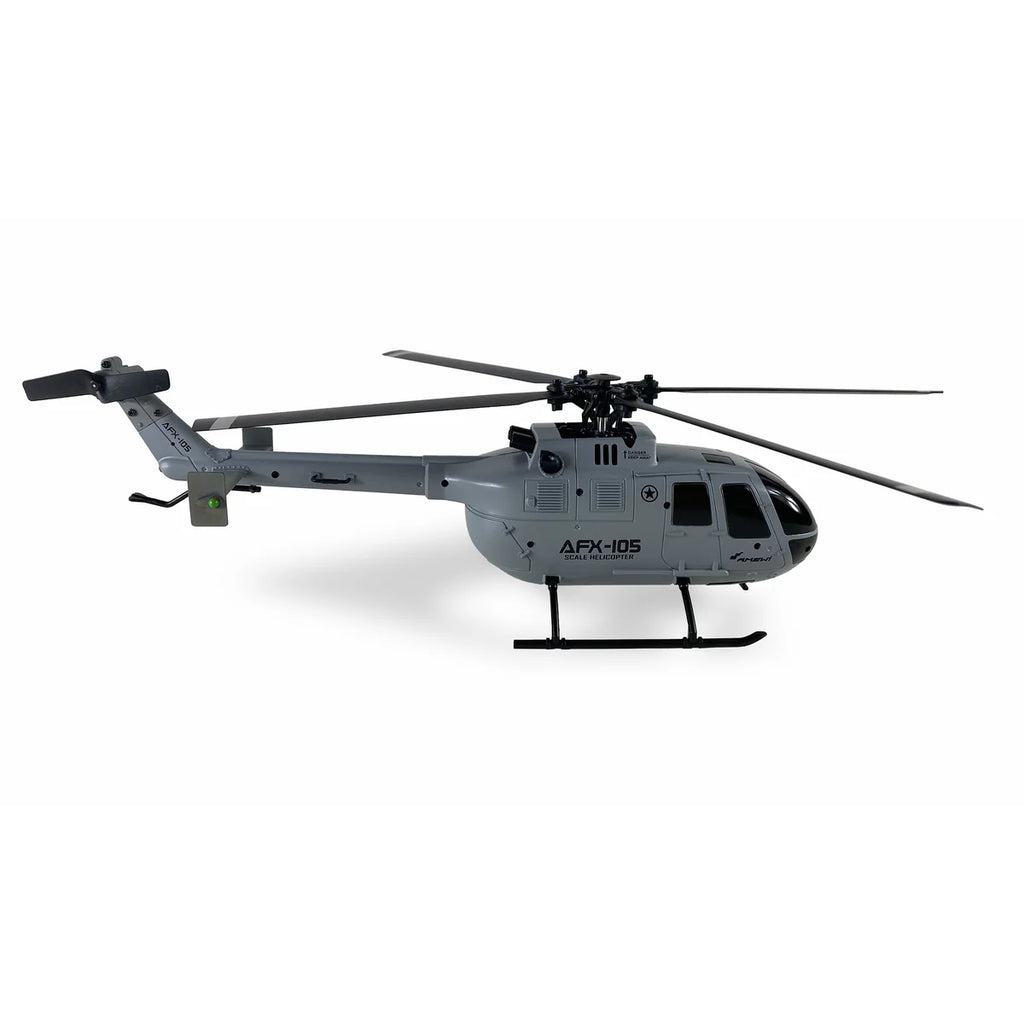 Amewi AFX-105 Helikopter 4-Kanal 6G 25319 Helikopter RTF – Seitenansicht mit Rotorblättern und Kufen