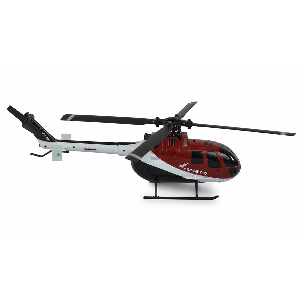 Amewi AFX-105 X Helikopter 4-Kanal 6G 25320 Helikopter RTF – Seitenansicht mit Rotoren, Kufen und roter Karosserie