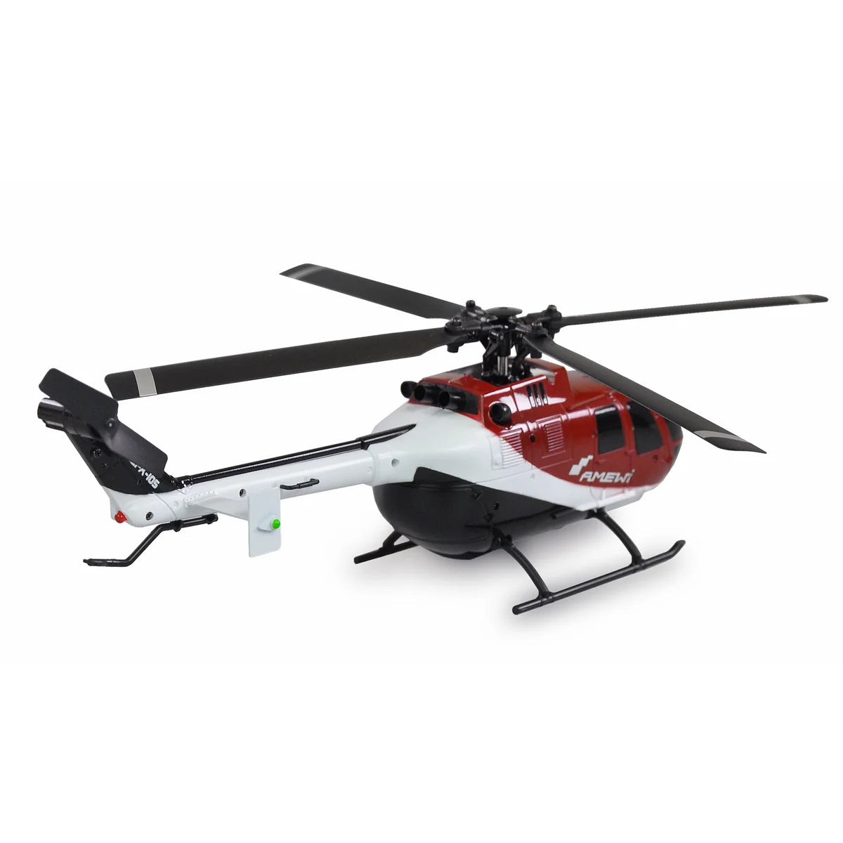 Amewi AFX-105 X Helikopter 4-Kanal 6G 25320 Helikopter RTF – Seitenansicht mit schwarzen Rotorblättern und Kufen