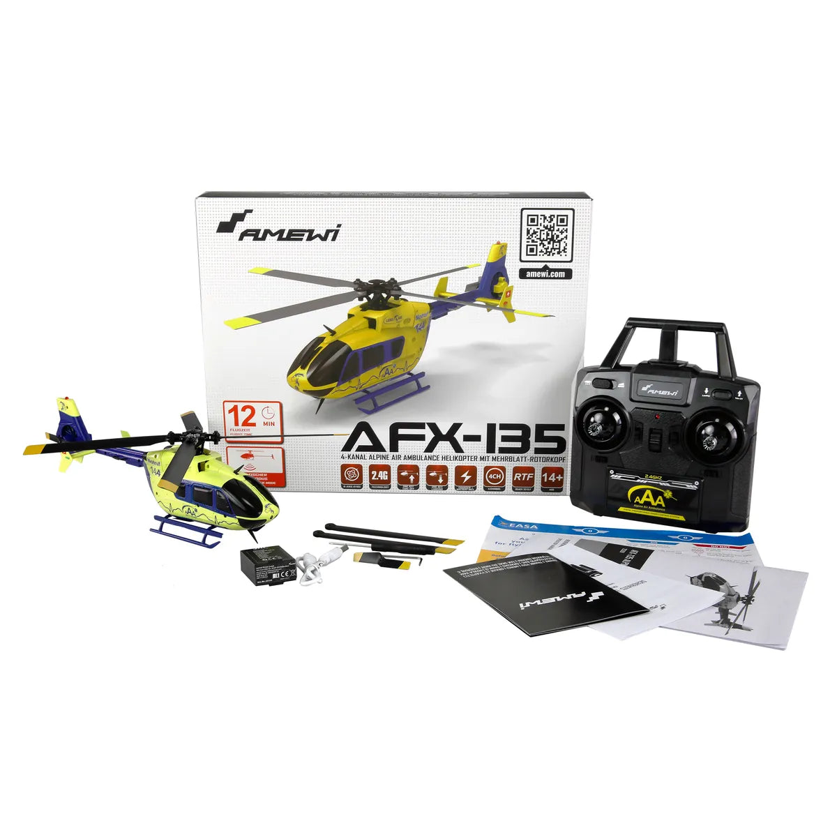 Amewi AFX-135 Alpine Air Ambulance Helikopter 4-Kanal 6G 25339 Helikopter RTF – Lieferumfang und Zubehör