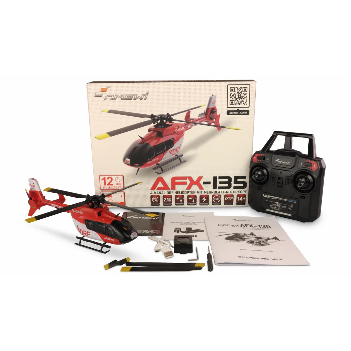 Amewi AFX-135 DRF Helikopter 4-Kanal 6G 25327 Helikopter RTF – Lieferumfang und Zubehör