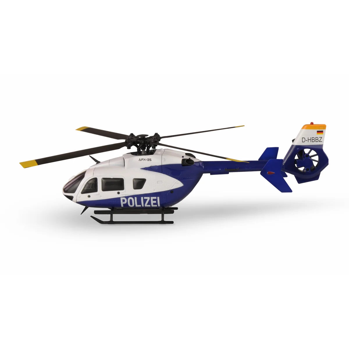Amewi AFX-135 Polizei Helikopter 4-Kanal 6G 25328 Helikopter RTF – Seitenansicht mit Rotoren, Kufen und Polizei-Markierung