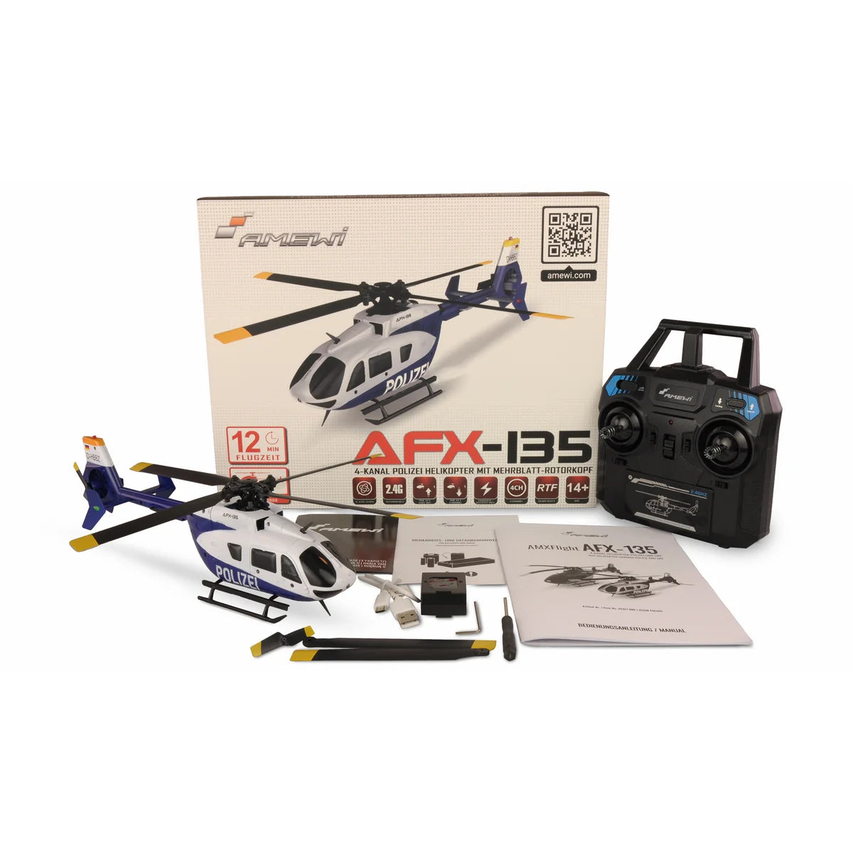 Amewi AFX-135 Polizei Helikopter 4-Kanal 6G 25328 Helikopter RTF – Lieferumfang und Zubehör
