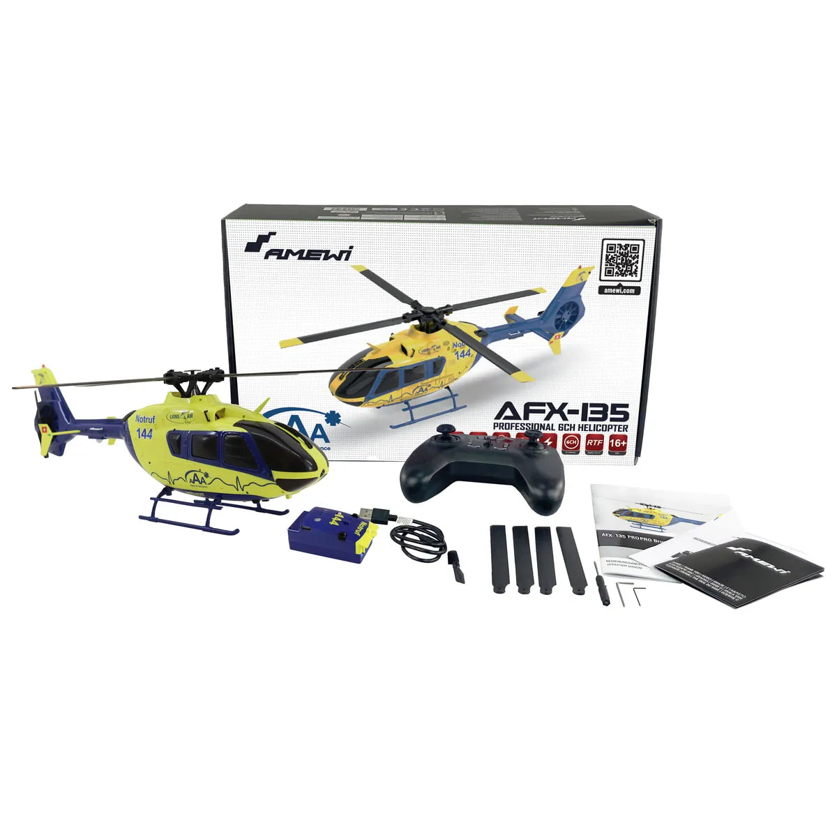 Amewi AFX-135 PRO Alpine Air Ambulance Helikopter 6-Kanal 6G 25341 im Maßstab 1:32 Helikopter RTF – Lieferumfang und Zubehör