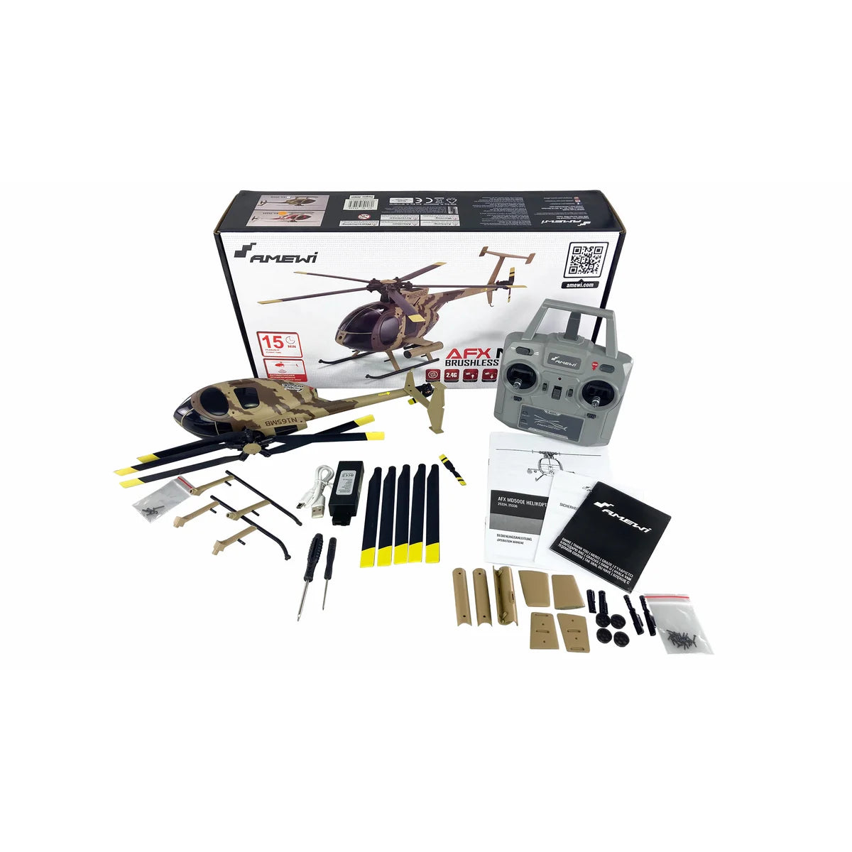 Amewi AFX MD500E Militär brushless 4-Kanal 325mm Helikopter 6G braun 25336 Helikopter RTF – Lieferumfang und Zubehör