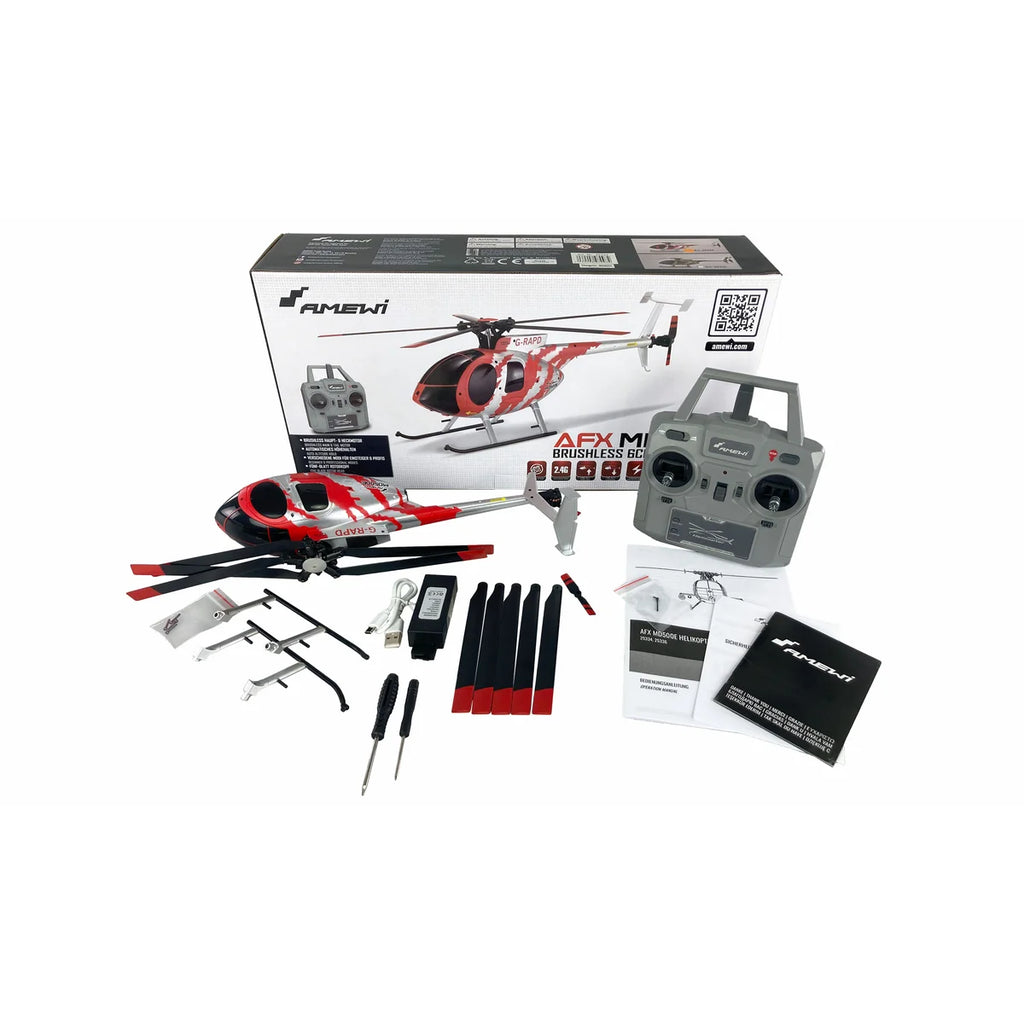 Amewi AFX MD500E Zivil Helikopter brushless 4-Kanal 6G rot/silber 25334 Helikopter RTF – Lieferumfang und Zubehör