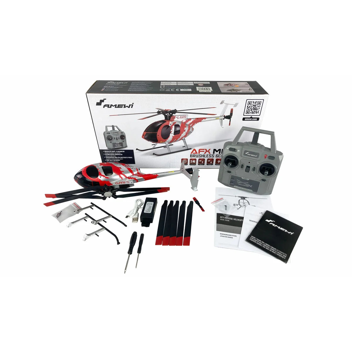 Amewi AFX MD500E Zivil Helikopter brushless 4-Kanal 6G rot/silber 25334 Helikopter RTF – Lieferumfang und Zubehör