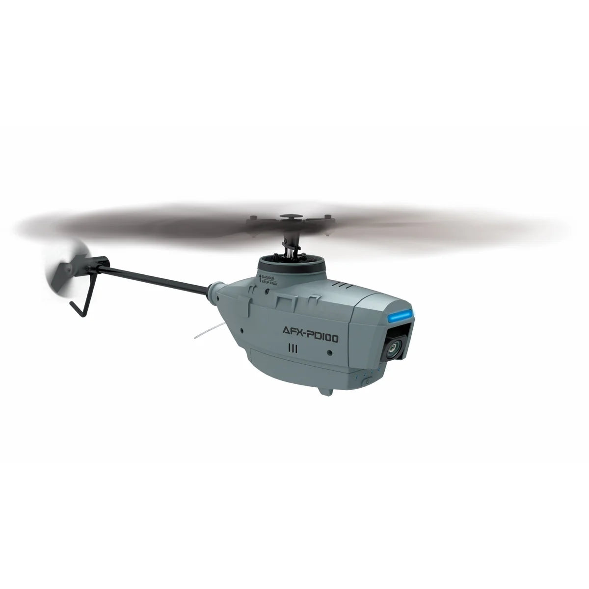 Amewi AFX-PD100 Helikopter mit HD-Kamera 4-Kanal 6G 25323 Helikopter RTF – Seitenansicht mit rotierendem Rotor und Bugkamera