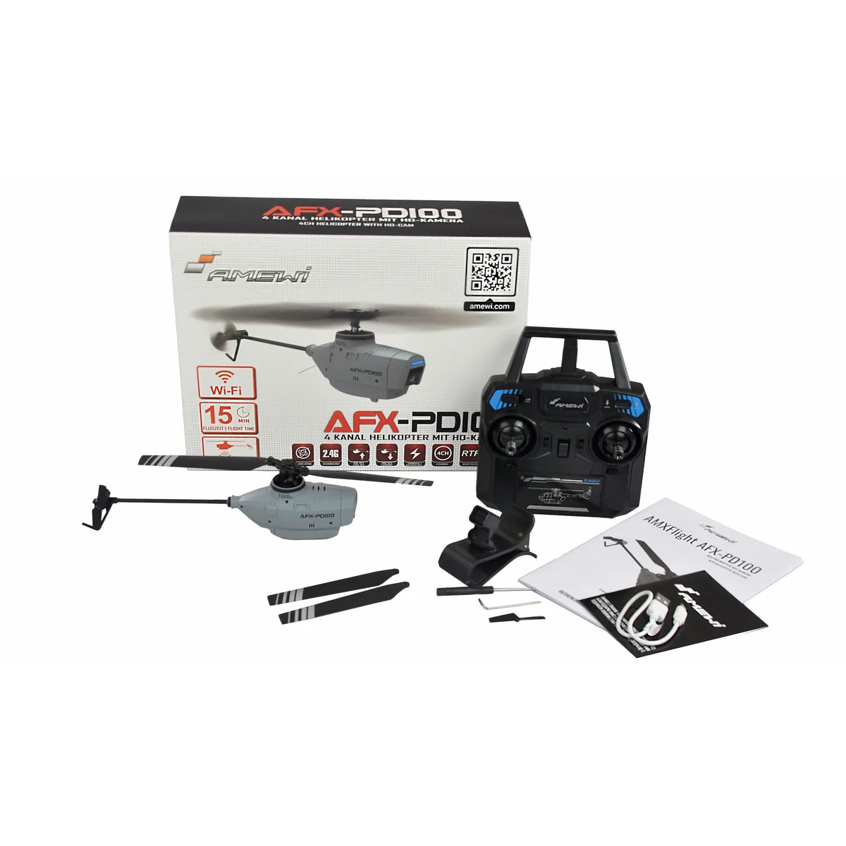 Amewi AFX-PD100 Helikopter mit HD-Kamera 4-Kanal 6G 25323 Helikopter RTF – Lieferumfang und Zubehör
