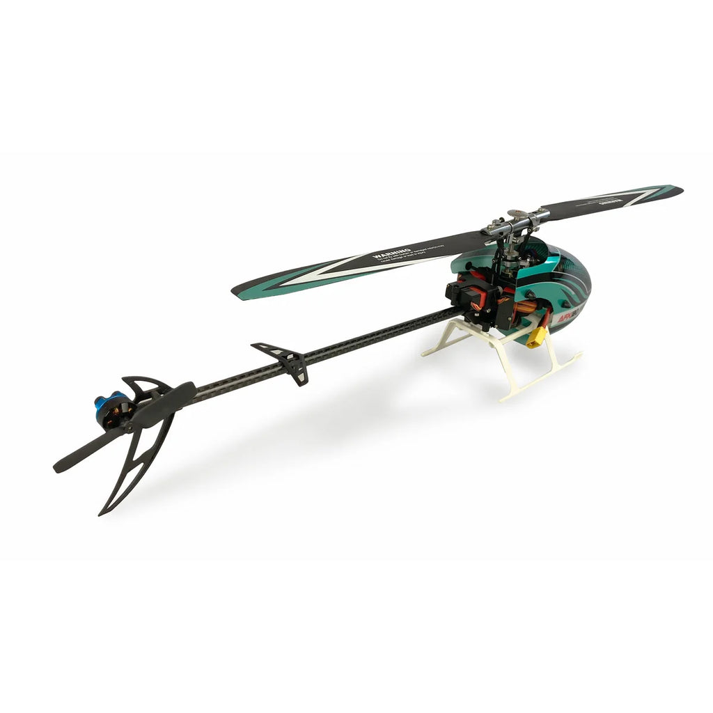 Amewi AFX180 PRO Helikopter flybarless 6-Kanal 3D/6G 25315 Helikopter RTF – Seitenansicht mit Rotorblatt, Heckrotor und Kufen