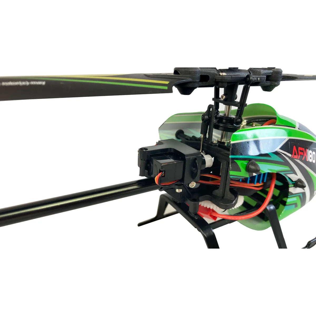 Amewi AFX180 Single-Rotor Helikopter 4-Kanal 6G 25314 Helikopter RTF – Seitenansicht mit grüner Karosserie und Rotorblättern