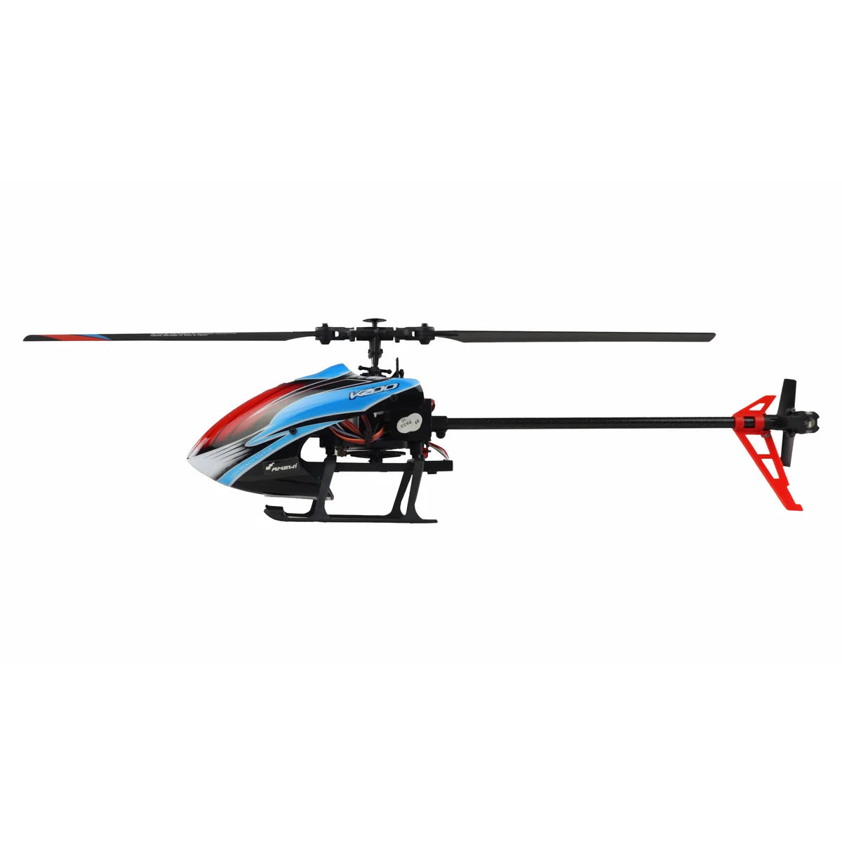 Amewi AFX200 Single-Rotor-Helikopter 4-Kanal 6G 25330 Helikopter RTF – Seitenansicht mit roten und blauen Rotorblättern