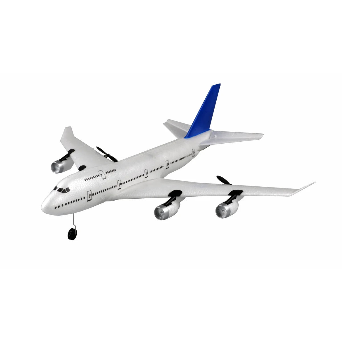 Amewi AMB74 Passagierflugzeug mit Gyro 3-Kanal 520mm 24080 Flugzeug RTF – Seitenansicht mit blauem Leitwerk, vier Triebwerke