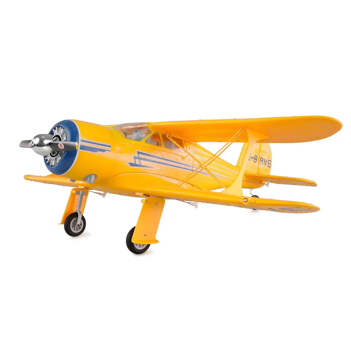 Amewi AMXFlight Beech D17s Doppeldecker 3D/6G Gelb 24144 Flugzeug RTF – Seitenansicht mit Doppeldeckerflügeln und Fahrwerk