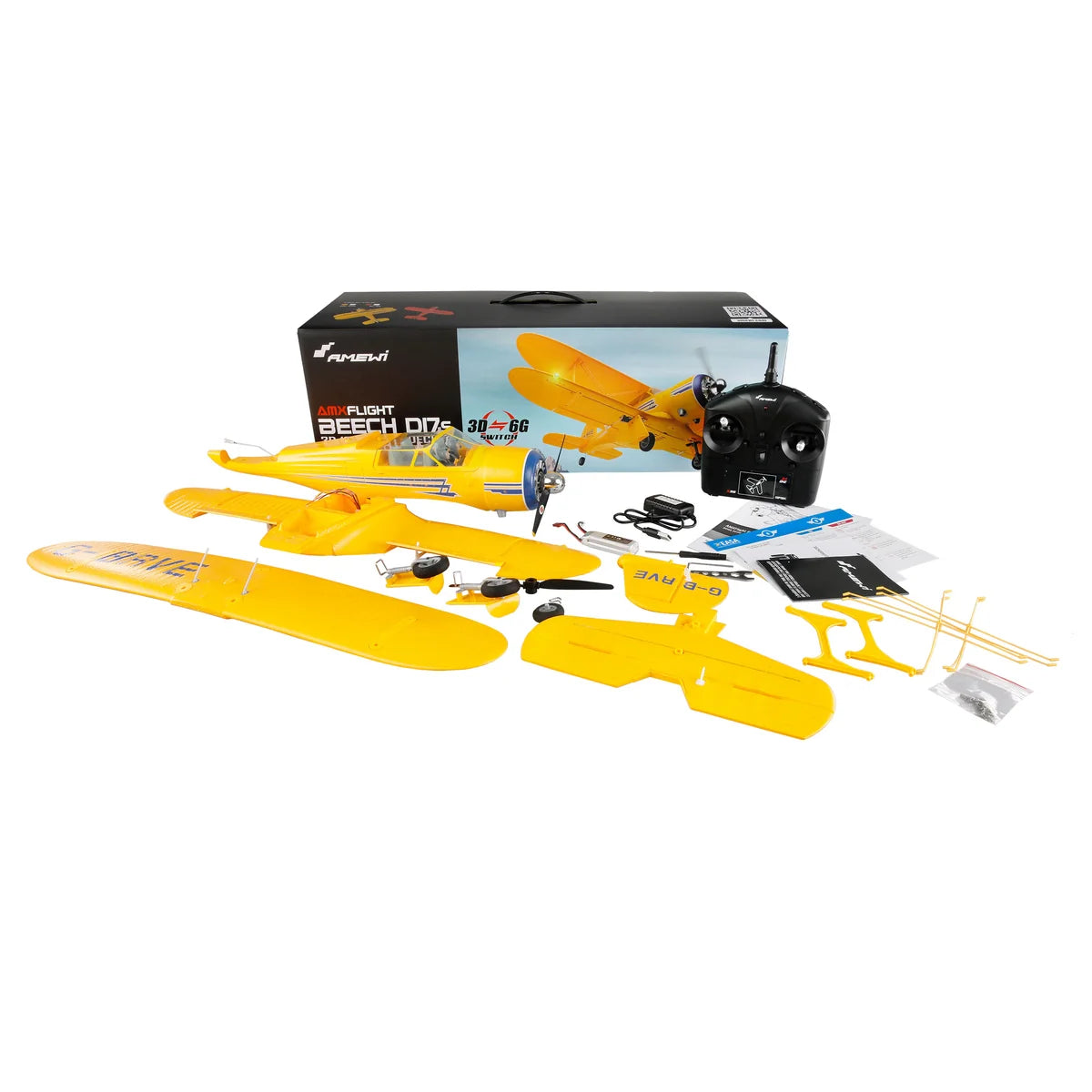 Amewi AMXFlight Beech D17s Doppeldecker 3D/6G Gelb 24144 Flugzeug RTF – Lieferumfang und Zubehör