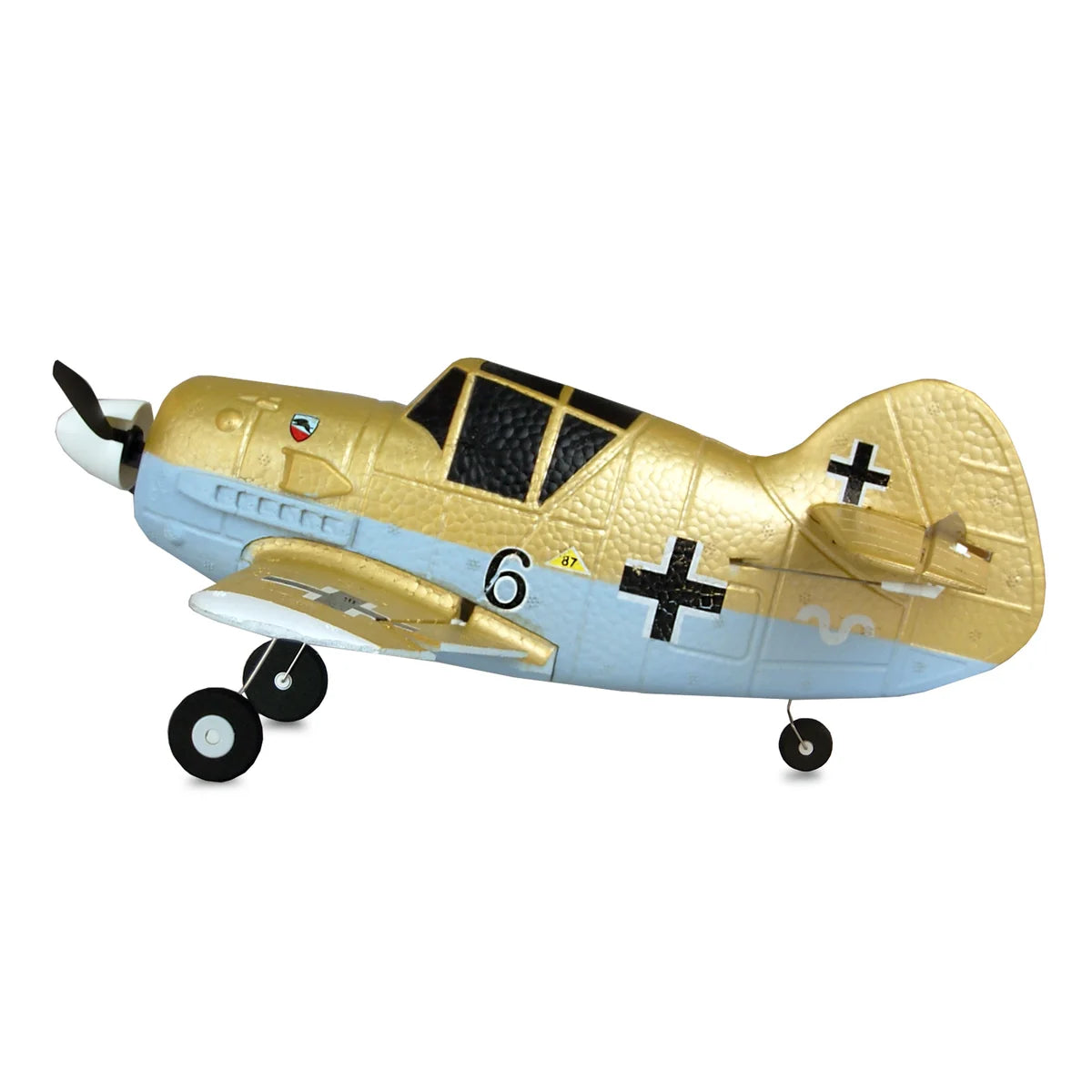 Amewi AMXFlight Cartoon BF-109 4-Kanal 3D/6G 24125 Flugzeug RTF – Seitenansicht mit Fahrwerk und Propeller