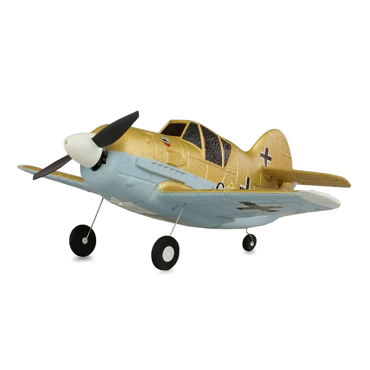 Amewi AMXFlight Cartoon BF-109 4-Kanal 3D/6G 24125 Flugzeug RTF – Seitenansicht mit Propeller, Fahrwerk und Abzeichen
