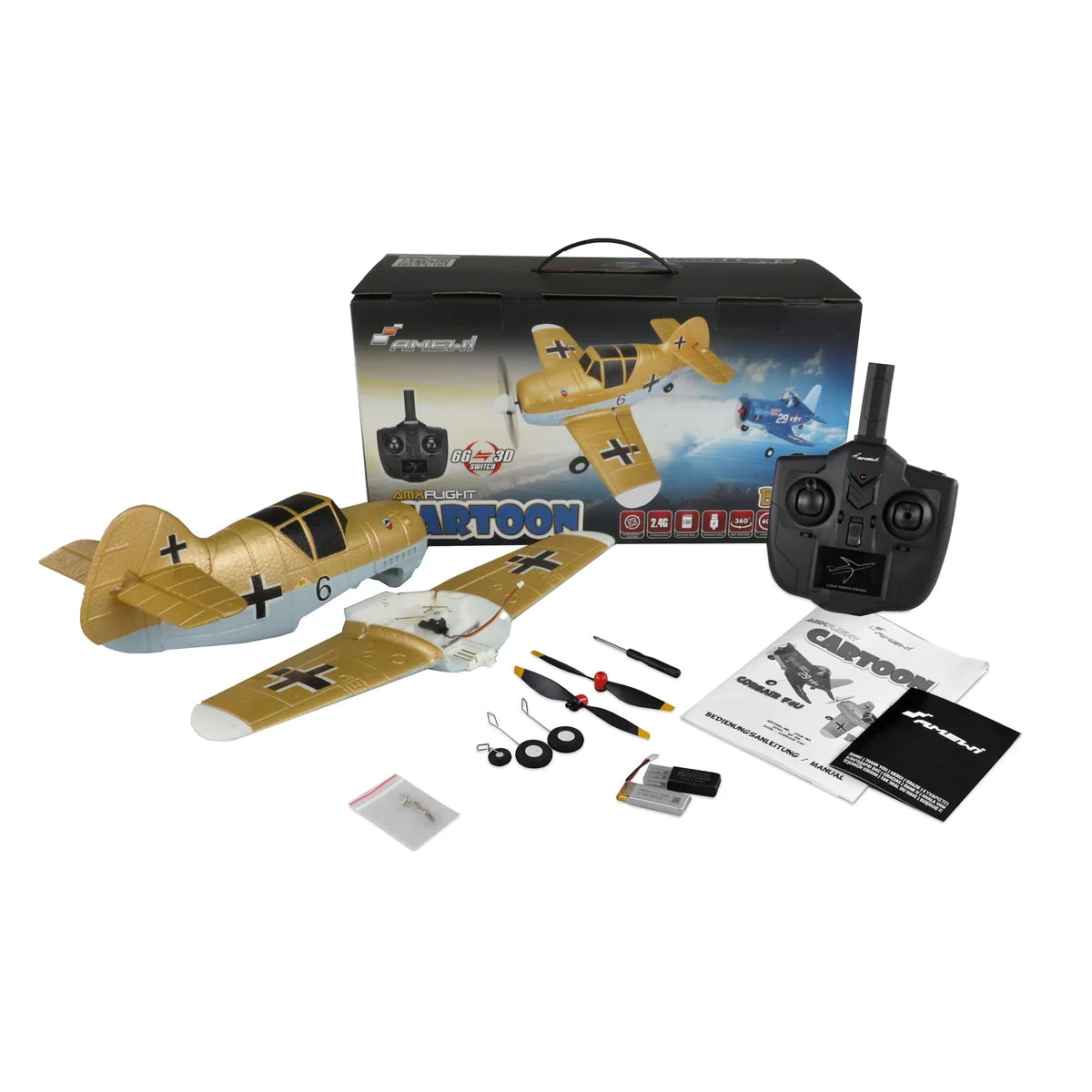 Amewi AMXFlight Cartoon BF-109 4-Kanal 3D/6G 24125 Flugzeug RTF – Lieferumfang und Zubehör