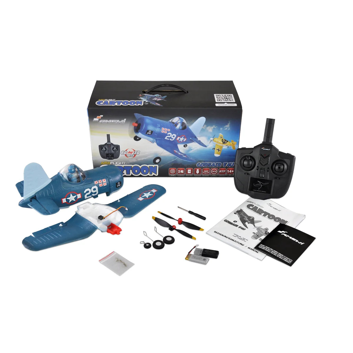 Amewi AMXFlight Cartoon Corsair F4U 4-Kanal 3D/6G 24126 Flugzeug RTF – Lieferumfang und Zubehör