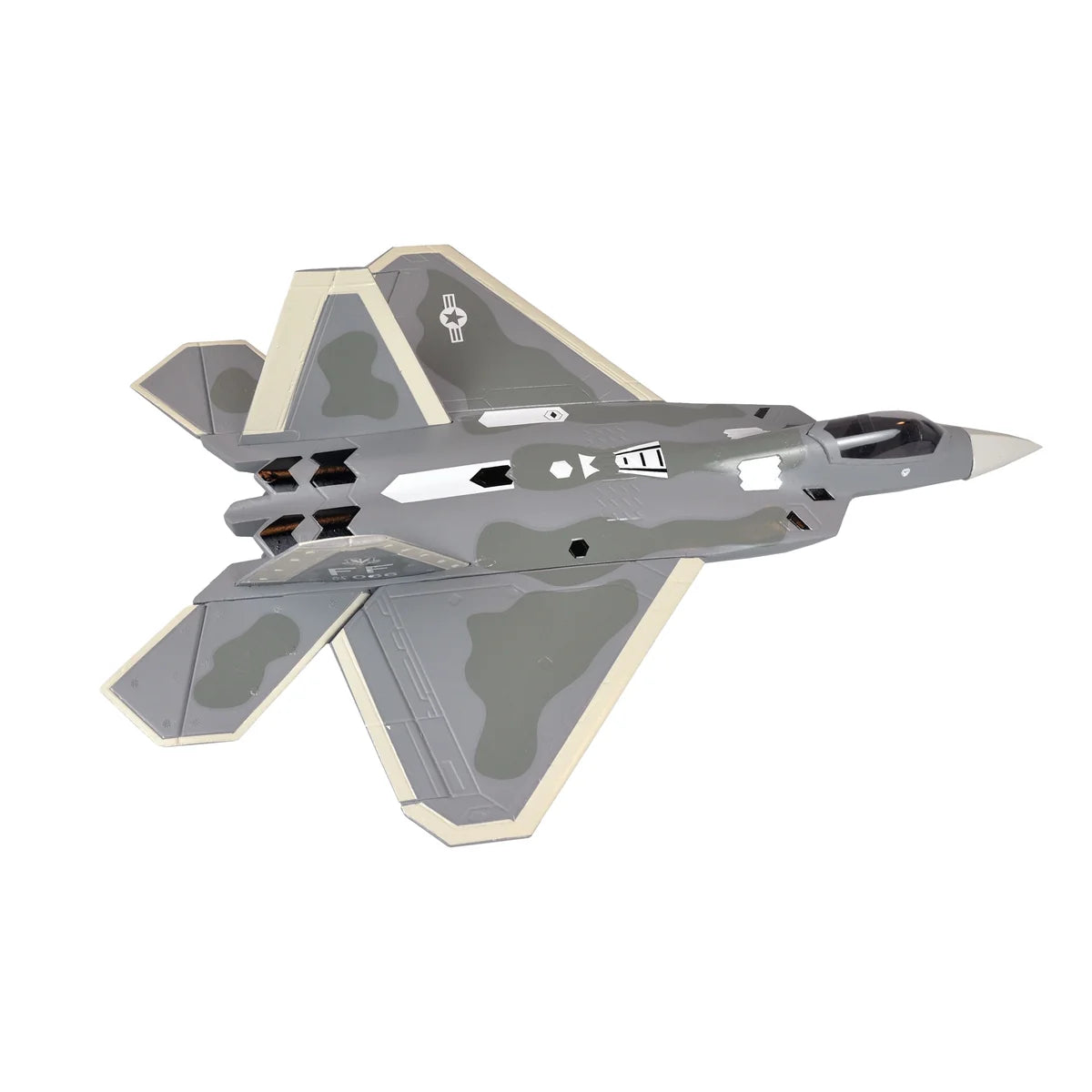 Amewi AMXFlight F-22 Raptor Jet EPO grau 24117 Flugzeug PNP – Draufsicht mit eingeklappten Tragflächen, grau-beige Lackierung