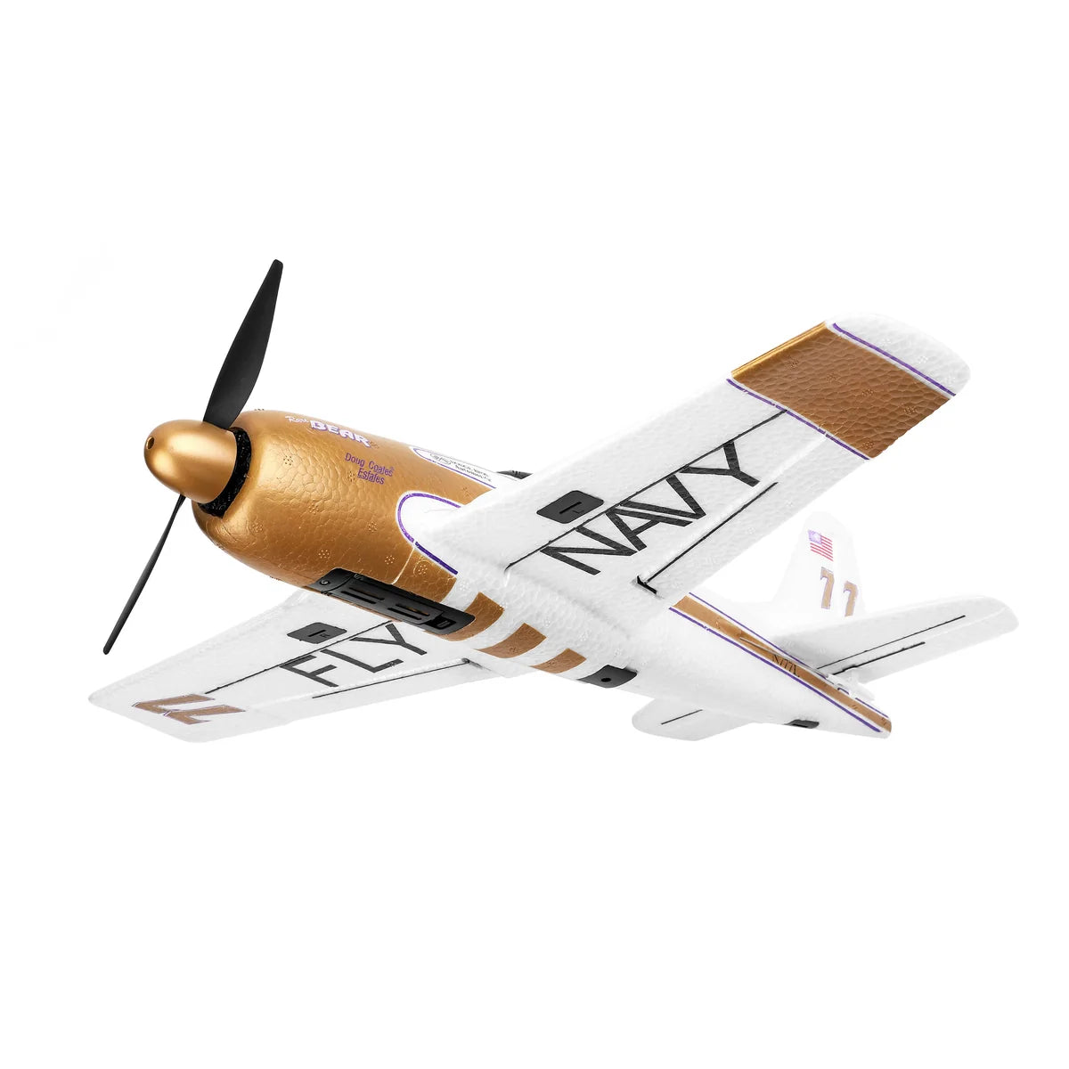 Amewi AMXFlight F8F Rare Bear 4-Kanal 3D/6G 24113 Flugzeug RTF – Seitenansicht mit Propeller und Tragflächen, goldener Rumpf