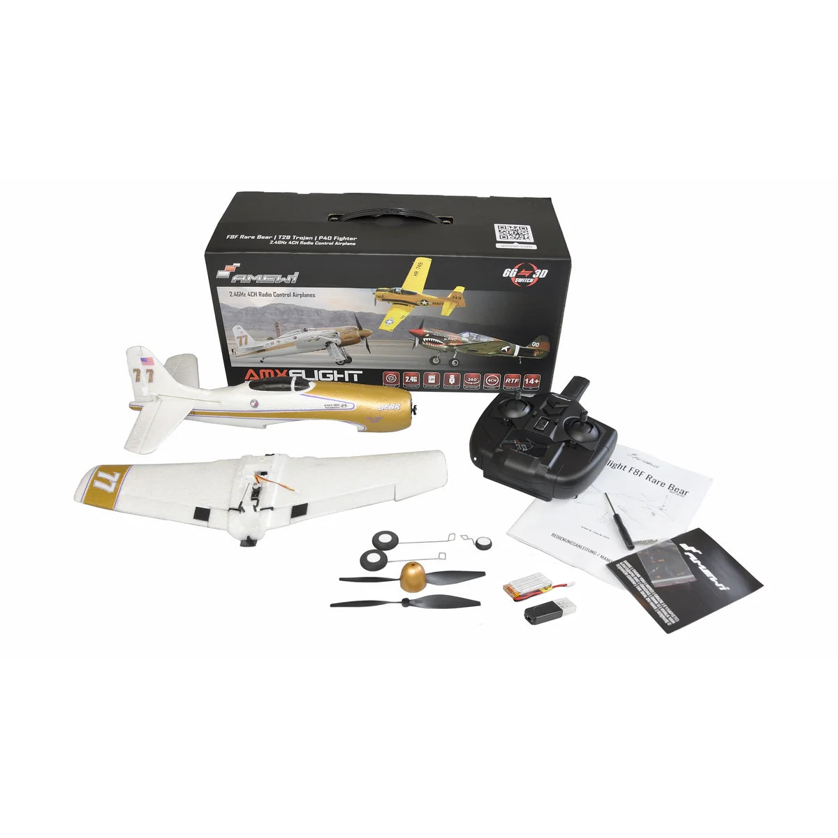 Amewi AMXFlight F8F Rare Bear 4-Kanal 3D/6G 24113 Flugzeug RTF – Lieferumfang und Zubehör