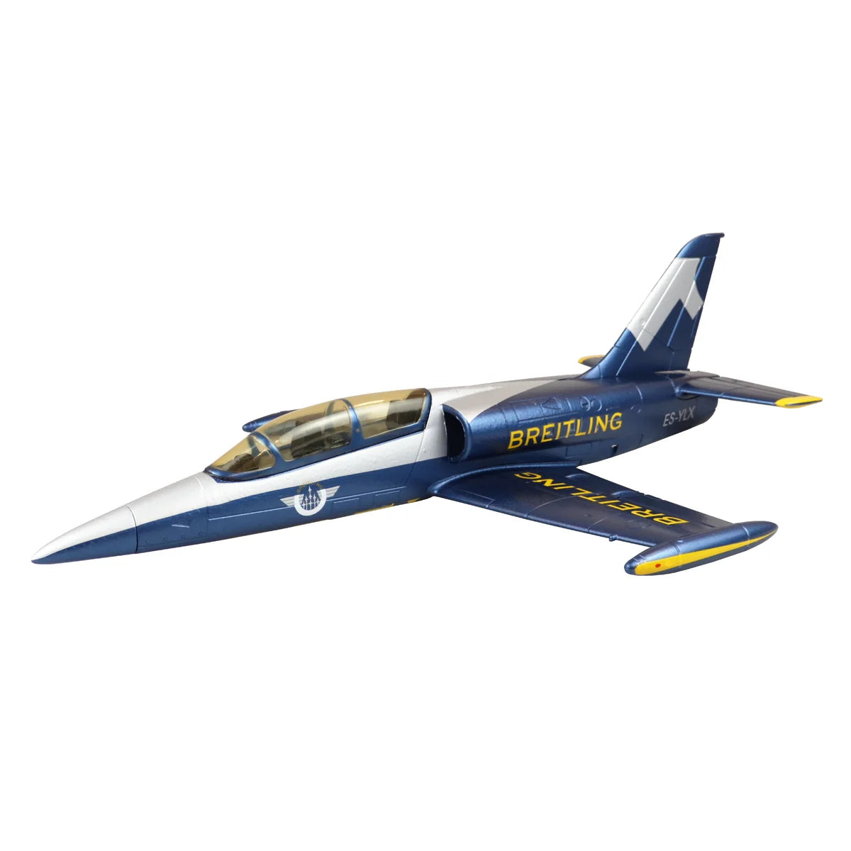 Amewi AMXFlight L-39 Albatros V2 EPO 24095 Flugzeug PNP – Seitenansicht mit blau-weißem Rumpf und goldenen Akzenten
