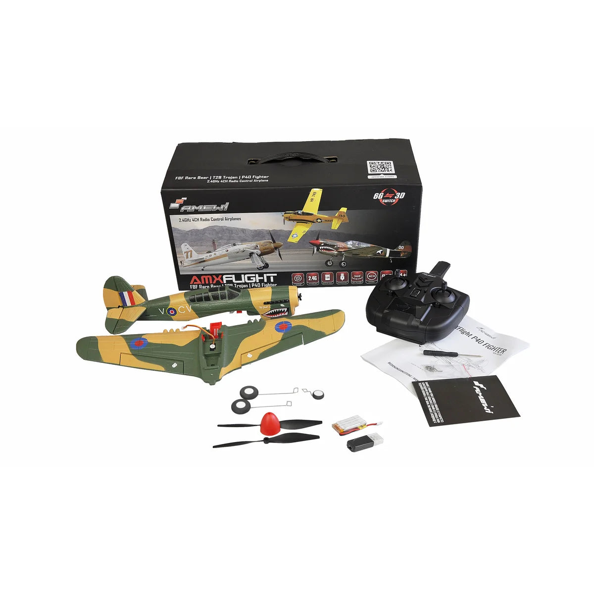 Amewi AMXFlight P40 Fighter 4-Kanal 3D/6G 24110 Flugzeug RTF – Lieferumfang und Zubehör