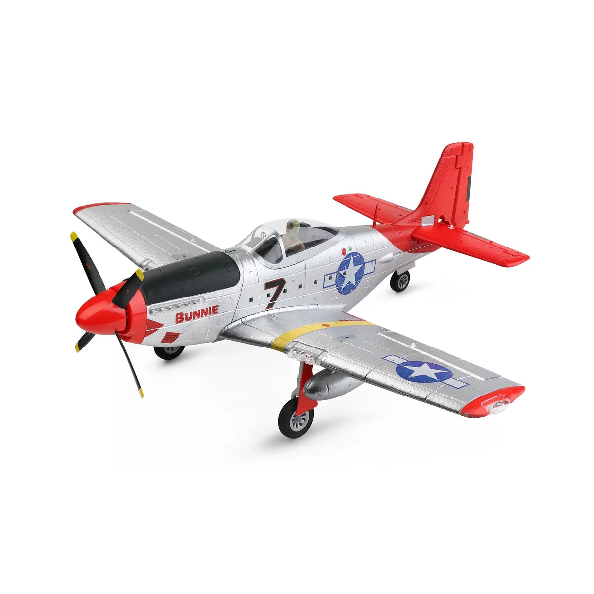Amewi AMXFlight P51 4-Kanal 3D/6G 24127 Flugzeug RTF – Seitenansicht mit roten Tragflächen und Leitwerk, schwarzer Propeller