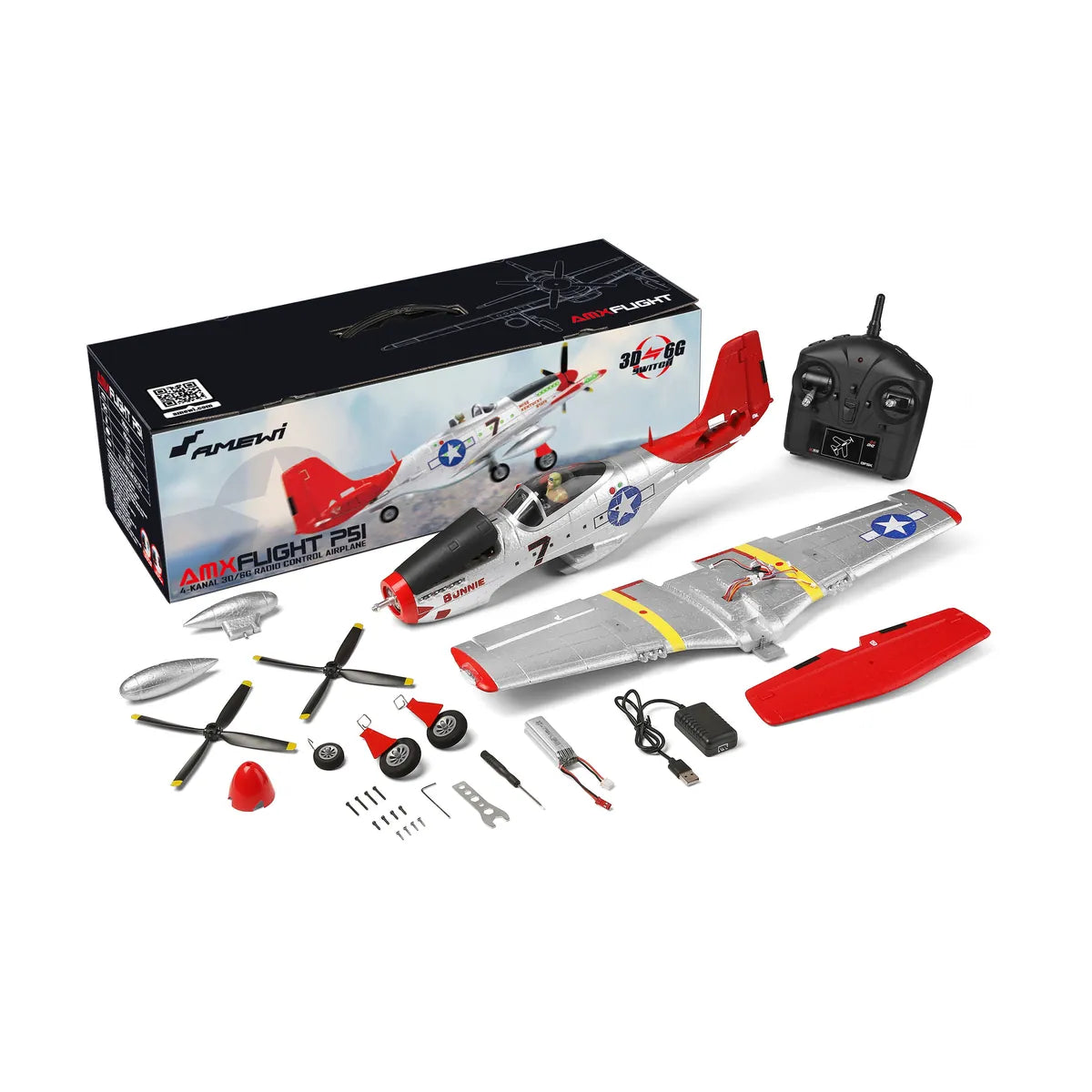 Amewi AMXFlight P51 4-Kanal 3D/6G 24127 Flugzeug RTF – Lieferumfang und Zubehör