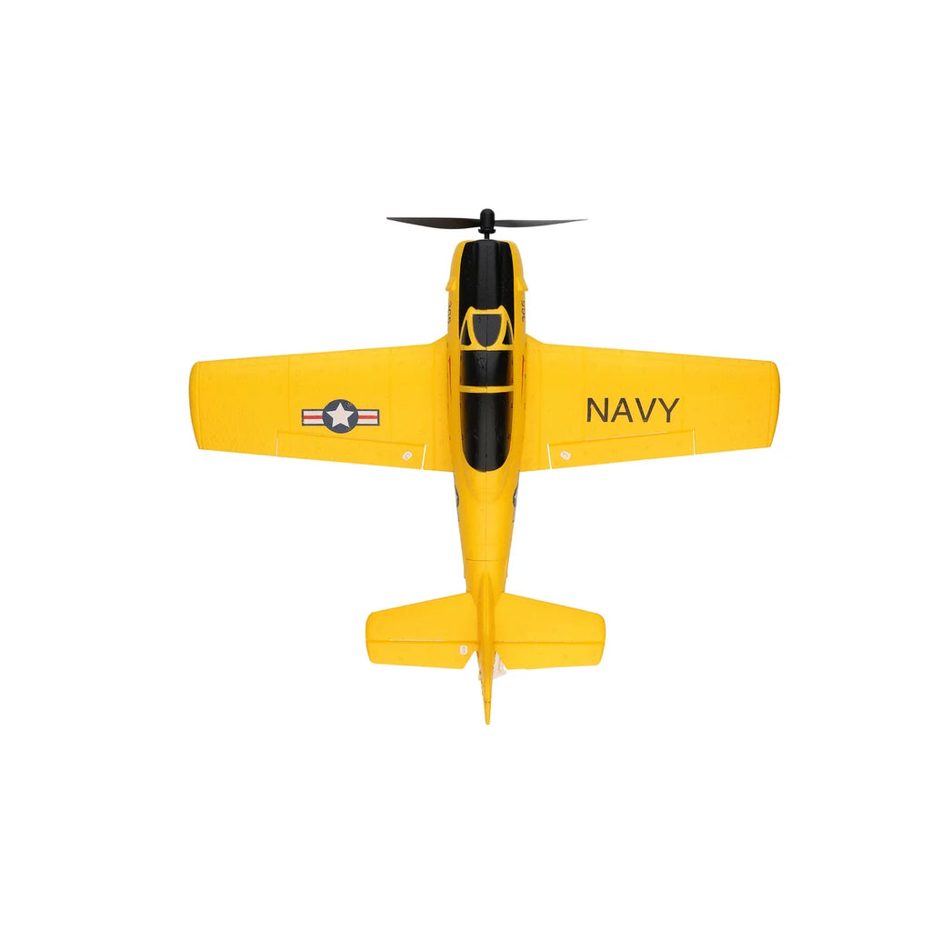 Amewi AMXFlight T28 Trojan 4-Kanal 3D/6G 24112 Flugzeug RTF – Draufsicht gelbes Trainingsflugzeug mit Navy-Markierung