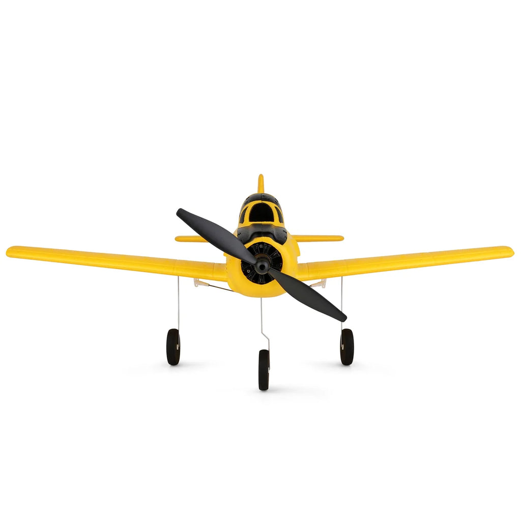 Amewi AMXFlight T28 Trojan 4-Kanal 3D/6G 24112 Flugzeug RTF – Frontansicht mit ausgefahrenem Fahrwerk, gelber Rumpf