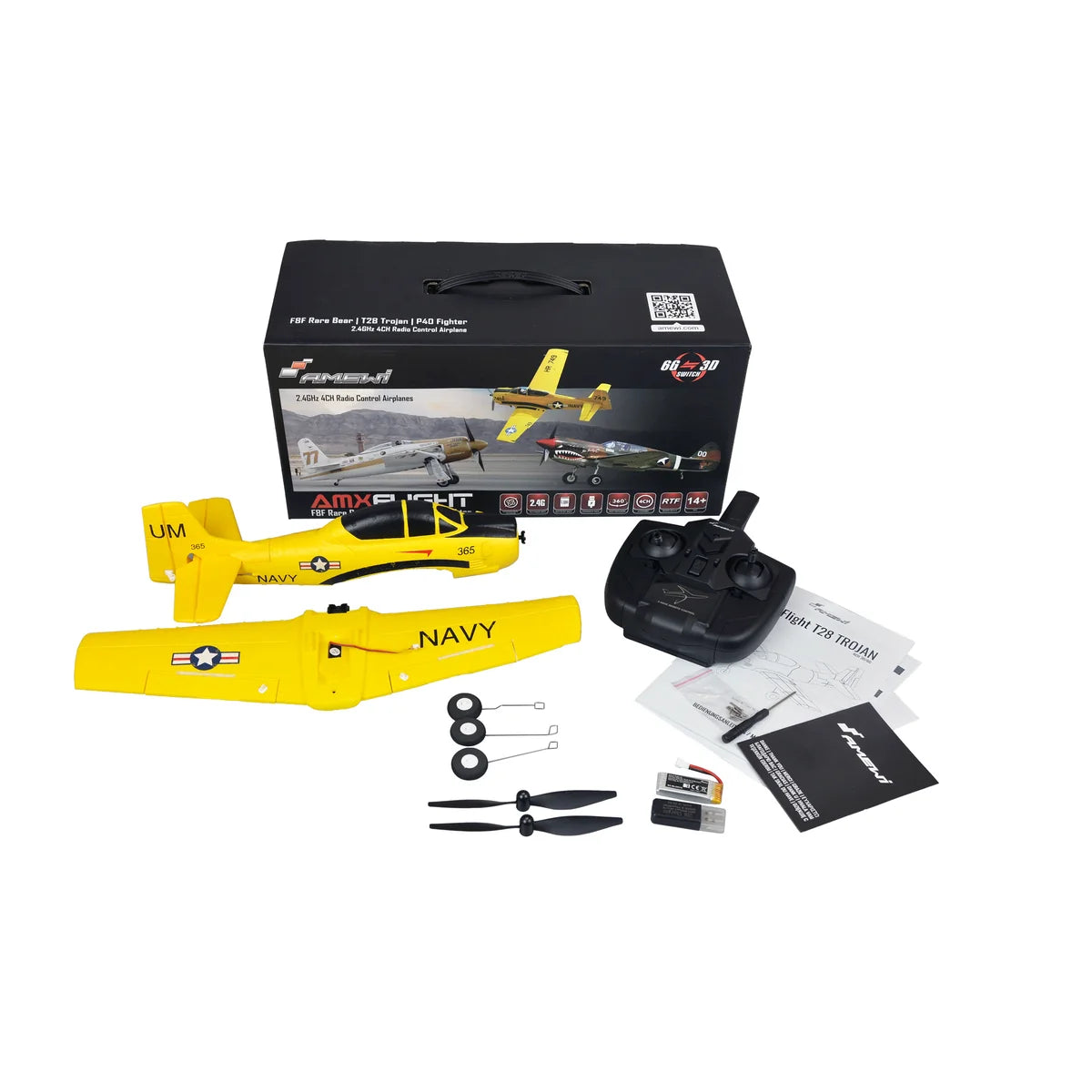 Amewi AMXFlight T28 Trojan 4-Kanal 3D/6G 24112 Flugzeug RTF – Lieferumfang und Zubehör