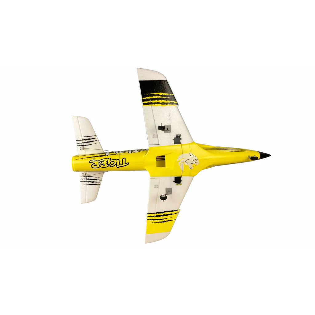 Amewi AMXFlight Tiger S Jet 55mm EDF gelb 24094 Flugzeug PNP – Draufsicht gelbes Kampfflugzeug mit schwarzen Streifen