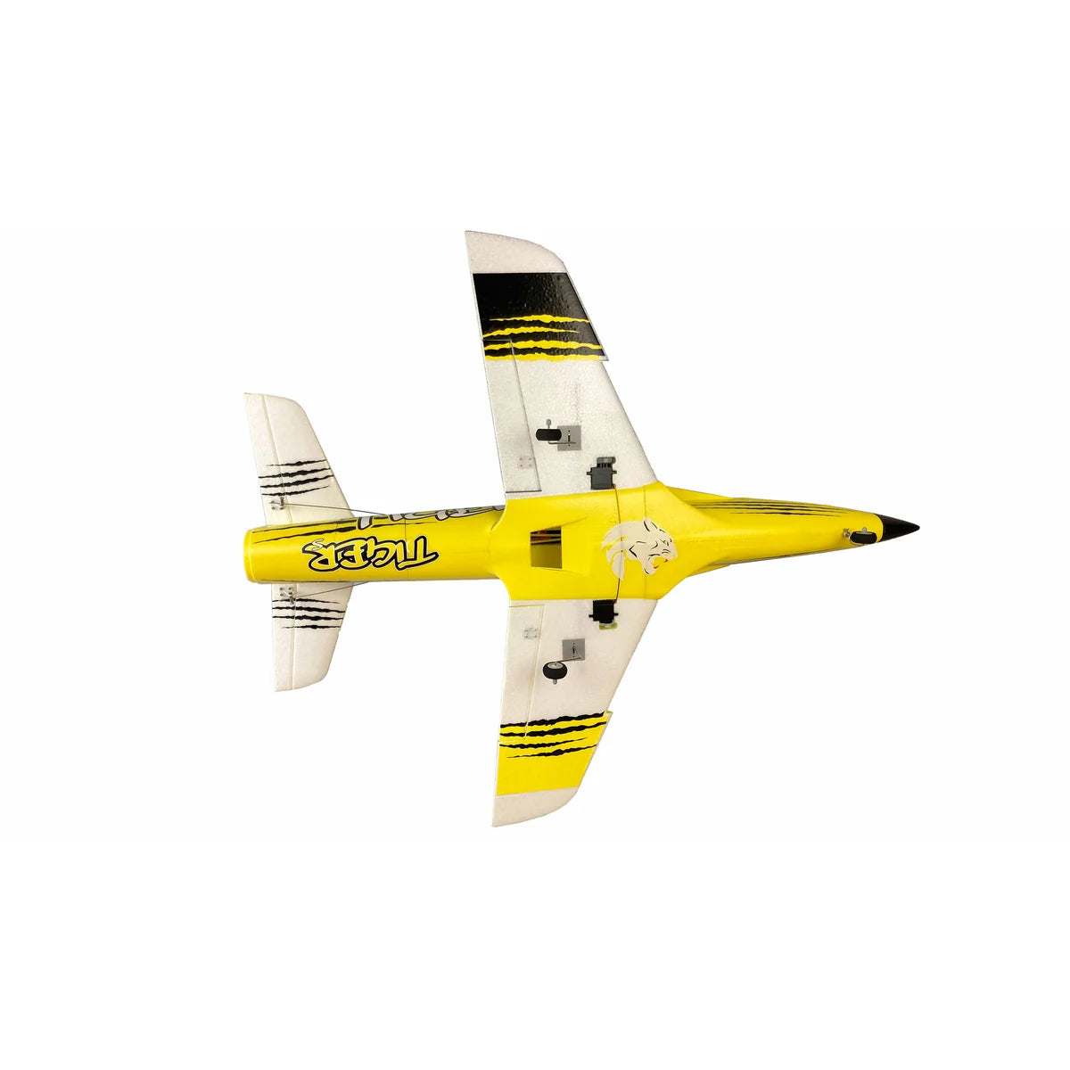 Amewi AMXFlight Tiger S Jet 55mm EDF gelb 24094 Flugzeug PNP – Draufsicht gelbes Kampfflugzeug mit schwarzen Streifen