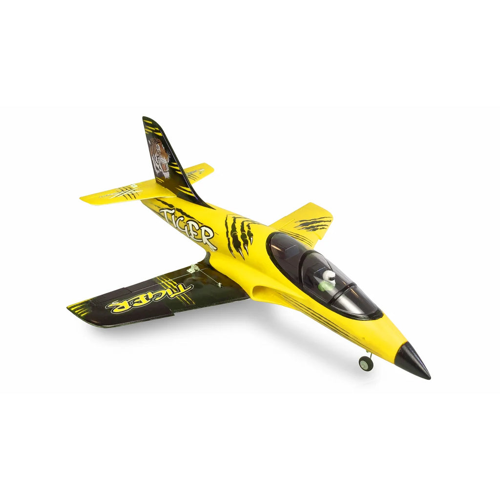 Amewi AMXFlight Tiger S Jet 55mm EDF gelb 24094 Flugzeug PNP – Draufsicht gelbes Düsenflugzeug, schwarze Akzente