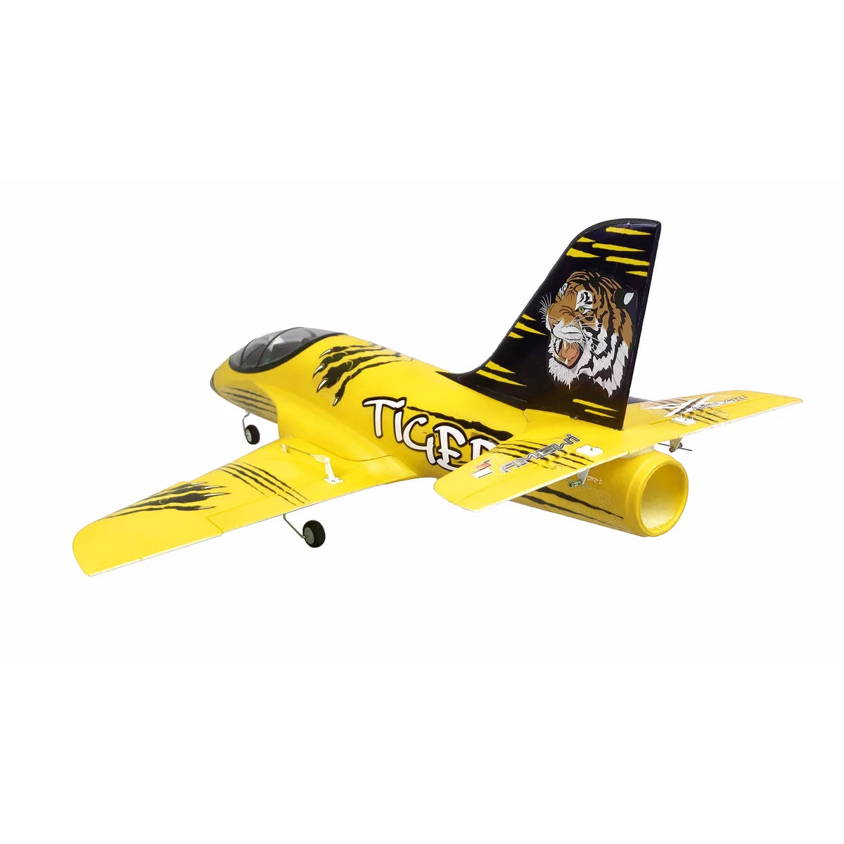 Amewi AMXFlight Tiger S Jet 55mm EDF gelb 24094 Flugzeug PNP – Seitenansicht mit Tiger-Kopf auf Leitwerk, gelb-schwarz